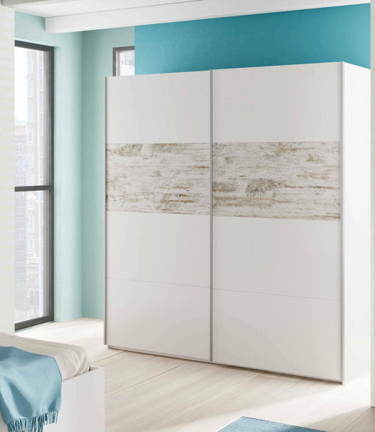 Guardaroba Ainu, Armadio per camera da letto a 2 ante scorrevoli, Mobile con barra appendiabiti e 3 ripiani, cm 180X60h200, Bianco con dettaglio