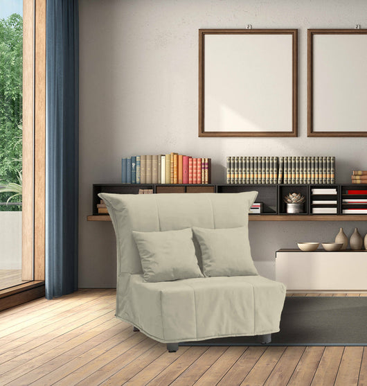 Divano Letto Andreou, Divano singolo, Made in Italy, Poltrona soggiorno con apertura a carrello, in tessuto imbottito, con cuscini inclusi, cm 85x90h85, colore Beige