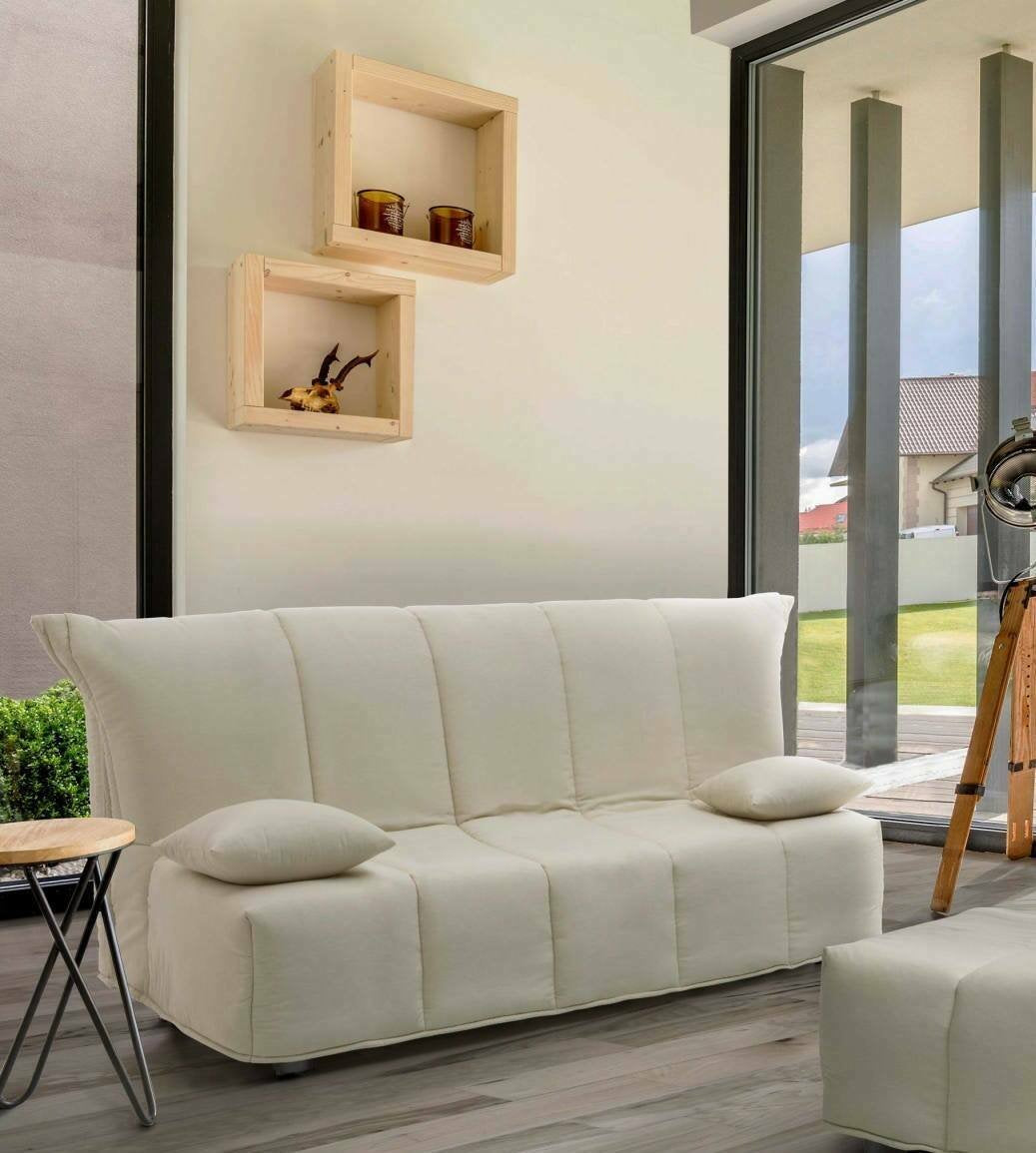 Divano Letto Ariska, Divano a 2 posti, Made in Italy, SofÒ  Soggiorno con apertura a carrello con apertura a carrello, in tessuto imbottito, con cuscini inclusi, cm 125x90h85, colore Beige