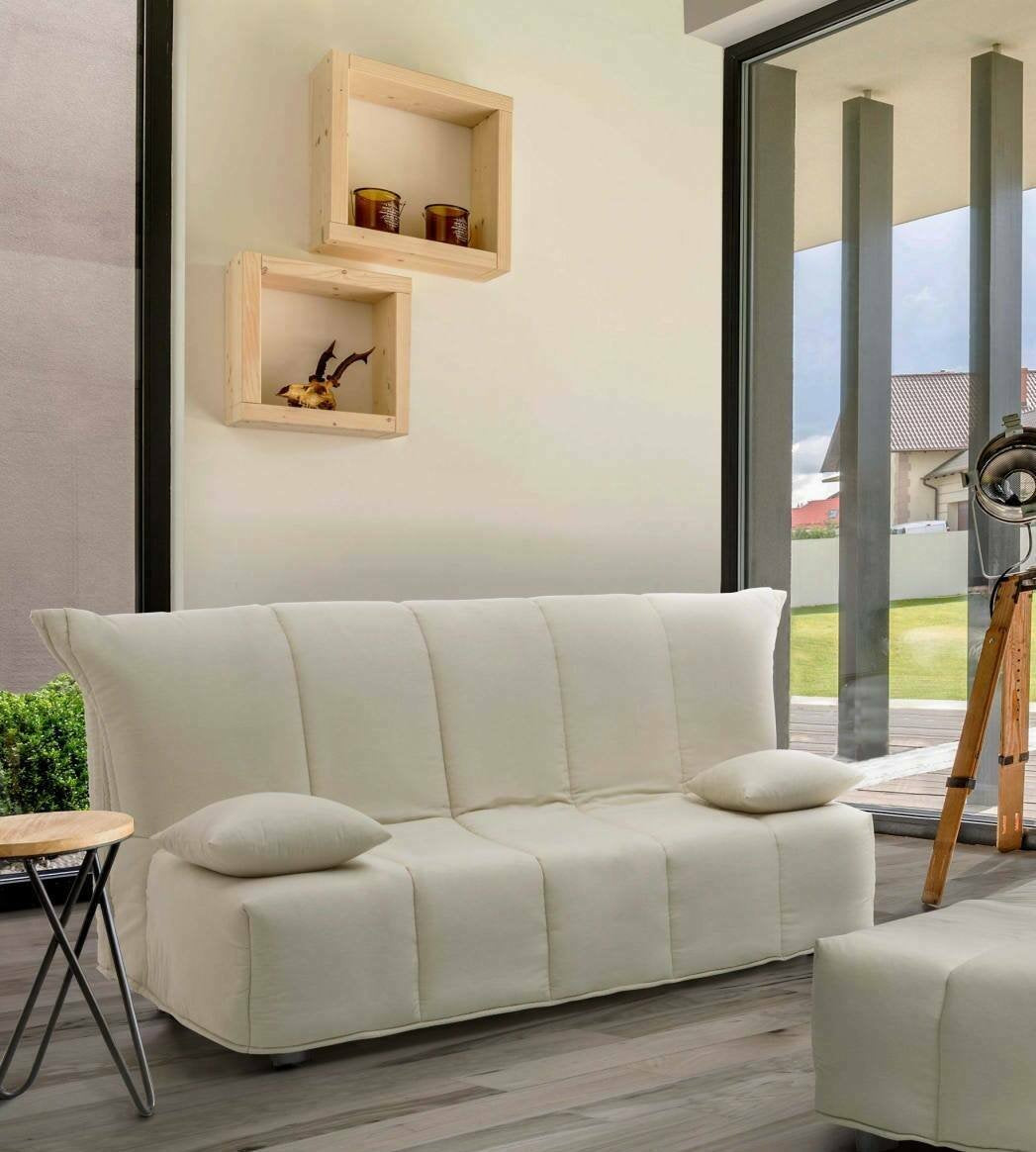 Divano Letto Antal, Divano a 3 posti, Made in Italy, SofÒ  Soggiorno con apertura a carrello con apertura a carrello, in tessuto imbottito, con cuscini inclusi, cm 165x90h85, colore Beige