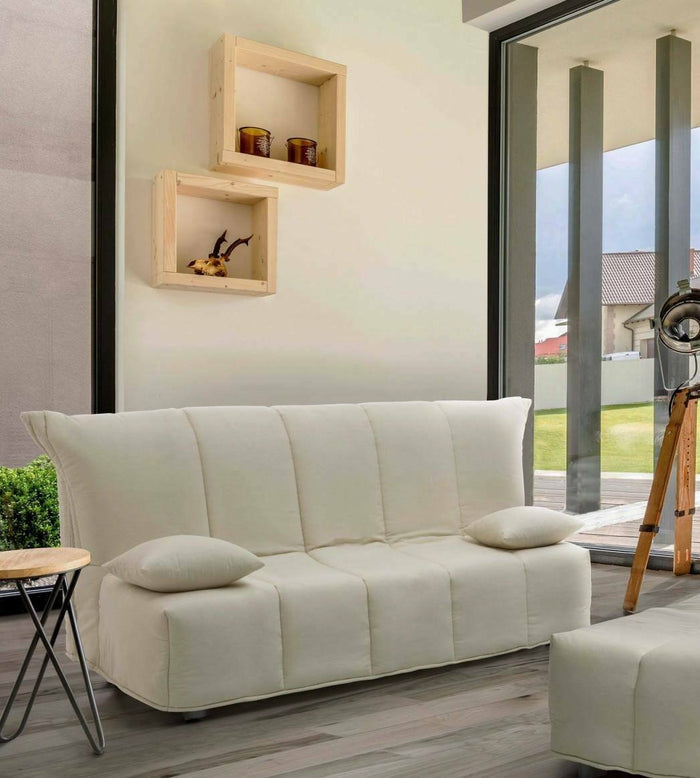 Divano Letto Antal, Divano a 3 posti, Made in Italy, SofÒ  Soggiorno con apertura a carrello con apertura a carrello, in tessuto imbottito, con cuscini inclusi, cm 165x90h85, colore Beige