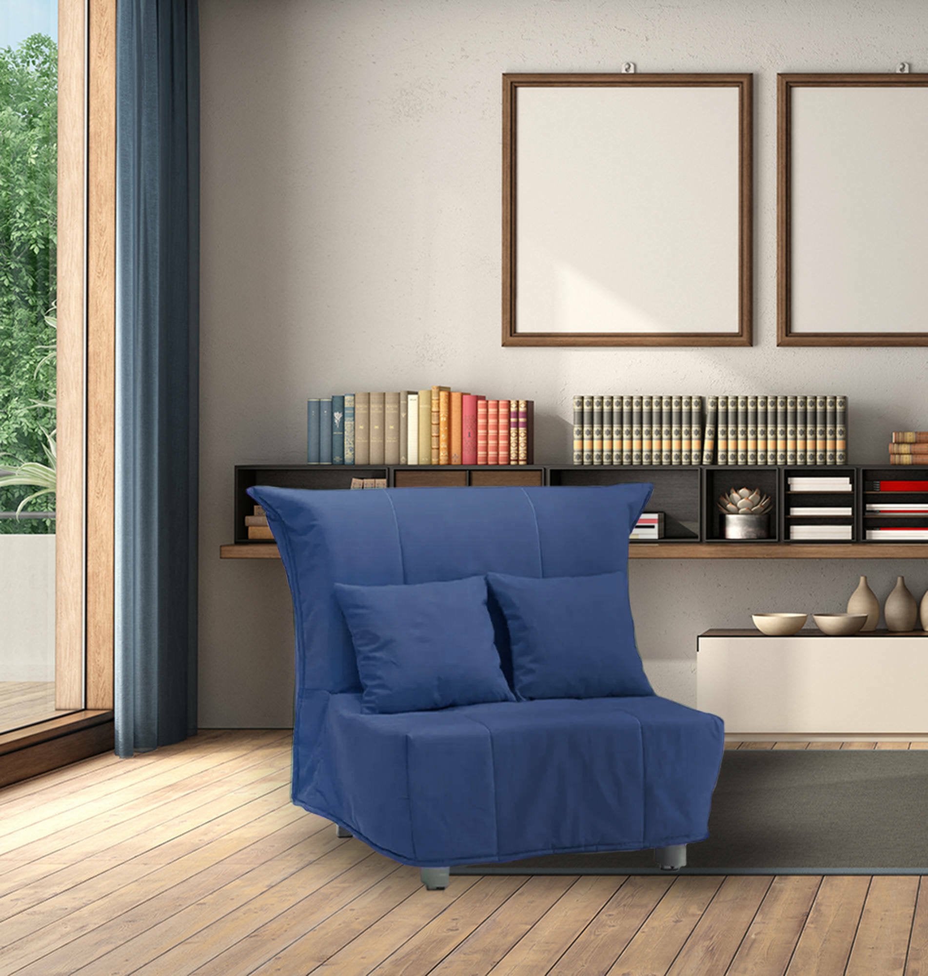 Divano Letto Andreou, Divano singolo, Made in Italy, Poltrona soggiorno con apertura a carrello, in tessuto imbottito, con cuscini inclusi, cm 85x90h85, colore Blu