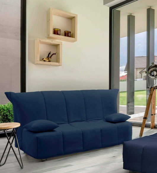 Divano Letto Antal, Divano a 3 posti, Made in Italy, SofÒ  Soggiorno con apertura a carrello con apertura a carrello, in tessuto imbottito, con cuscini inclusi, cm 165x90h85, colore Blu