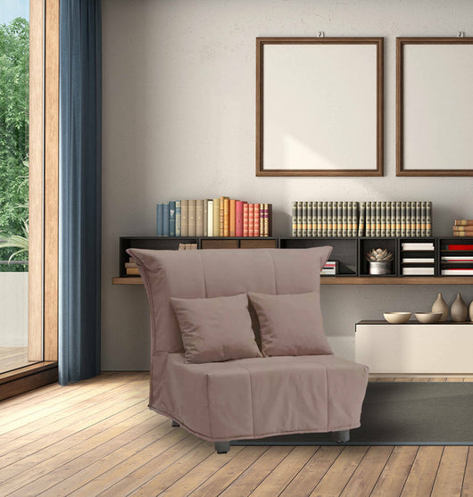 Divano Letto Andreou, Divano singolo, Made in Italy, Poltrona soggiorno con apertura a carrello, in tessuto imbottito, con cuscini inclusi, cm 85x90h85, colore Tortora