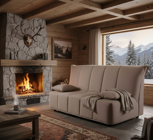 Divano Letto Ariska, Divano a 2 posti, Made in Italy, SofÒ  Soggiorno con apertura a carrello con apertura a carrello, in tessuto imbottito, con cuscini inclusi, cm 125x90h85, colore Tortora