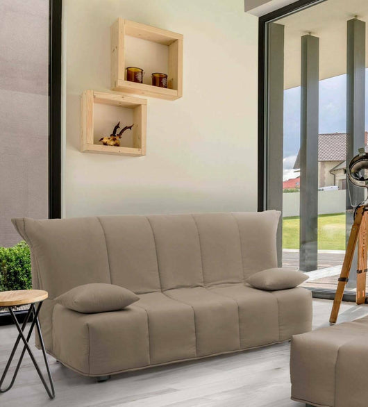 Divano Letto Antal, Divano a 3 posti, Made in Italy, SofÒ  Soggiorno con apertura a carrello con apertura a carrello, in tessuto imbottito, con cuscini inclusi, cm 165x90h85, colore Tortora