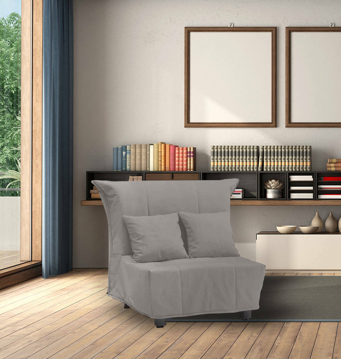Divano Letto Andreou, Divano singolo, Made in Italy, Poltrona soggiorno con apertura a carrello, in tessuto imbottito, con cuscini inclusi, cm 85x90h85, colore Grigio