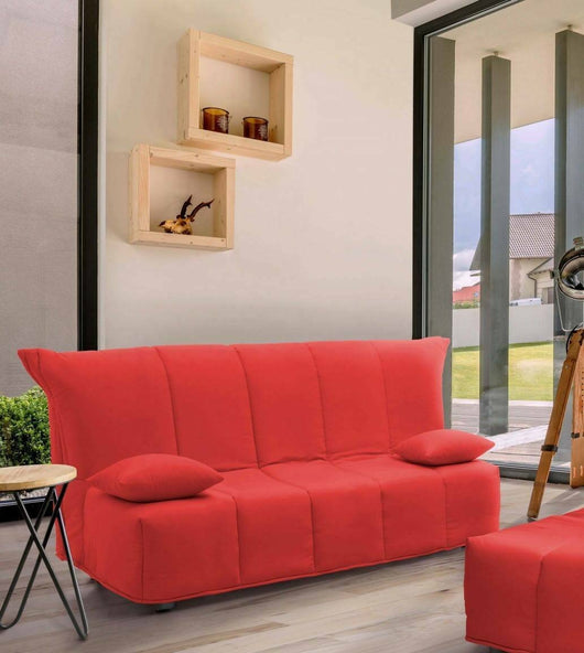 Divano Letto Antal, Divano a 3 posti, Made in Italy, SofÒ  Soggiorno con apertura a carrello con apertura a carrello, in tessuto imbottito, con cuscini inclusi, cm 165x90h85, colore Rosso
