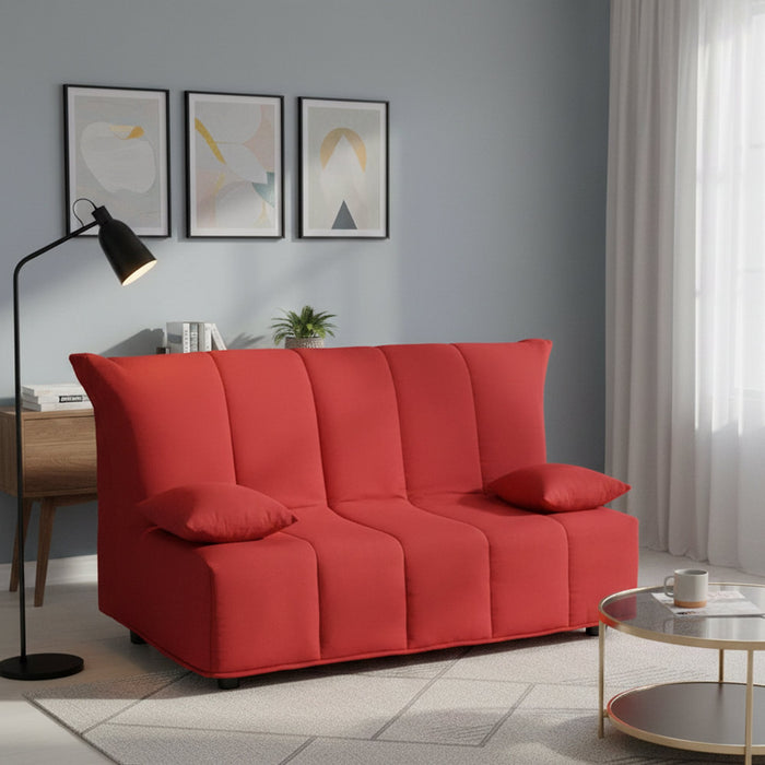 Divano Letto Antal, Divano a 3 posti, Made in Italy, SofÒ  Soggiorno con apertura a carrello con apertura a carrello, in tessuto imbottito, con cuscini inclusi, cm 165x90h85, colore Rosso