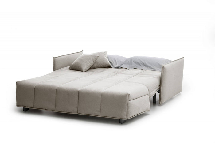 Divano Letto Alaric, Divano a 2 posti, Made in Italy, SofÒ  Soggiorno con apertura a carrello con apertura a carrello, in tessuto imbottito, con Braccioli standard, cm 150x90h85, colore Beige