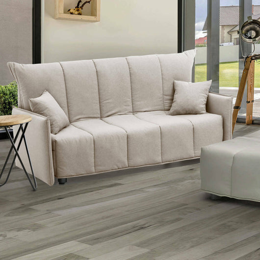 Divano Letto Alaric, Divano a 2 posti, Made in Italy, SofÒ  Soggiorno con apertura a carrello con apertura a carrello, in tessuto imbottito, con Braccioli standard, cm 150x90h85, colore Beige