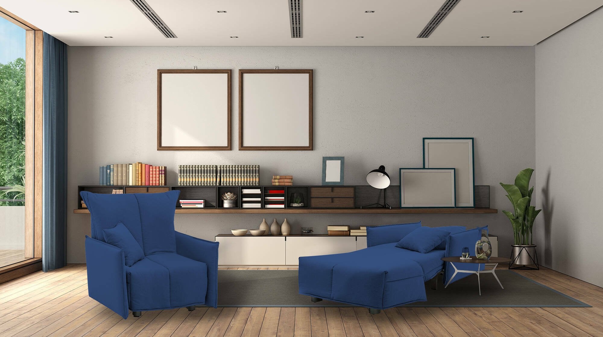 Divano Letto Atlantis, Divano singolo, Made in Italy, Poltrona soggiorno con apertura a carrello, in tessuto imbottito, con Braccioli standard, cm 110x90h85, colore Blu