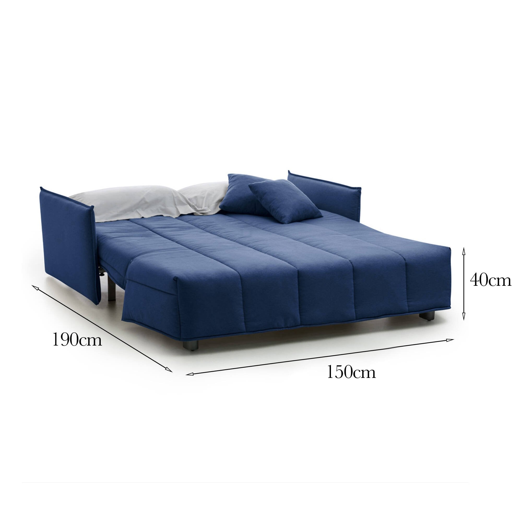 Divano Letto Alaric, Divano a 2 posti, Made in Italy, SofÒ  Soggiorno con apertura a carrello con apertura a carrello, in tessuto imbottito, con Braccioli standard, cm 150x90h85, colore Blu