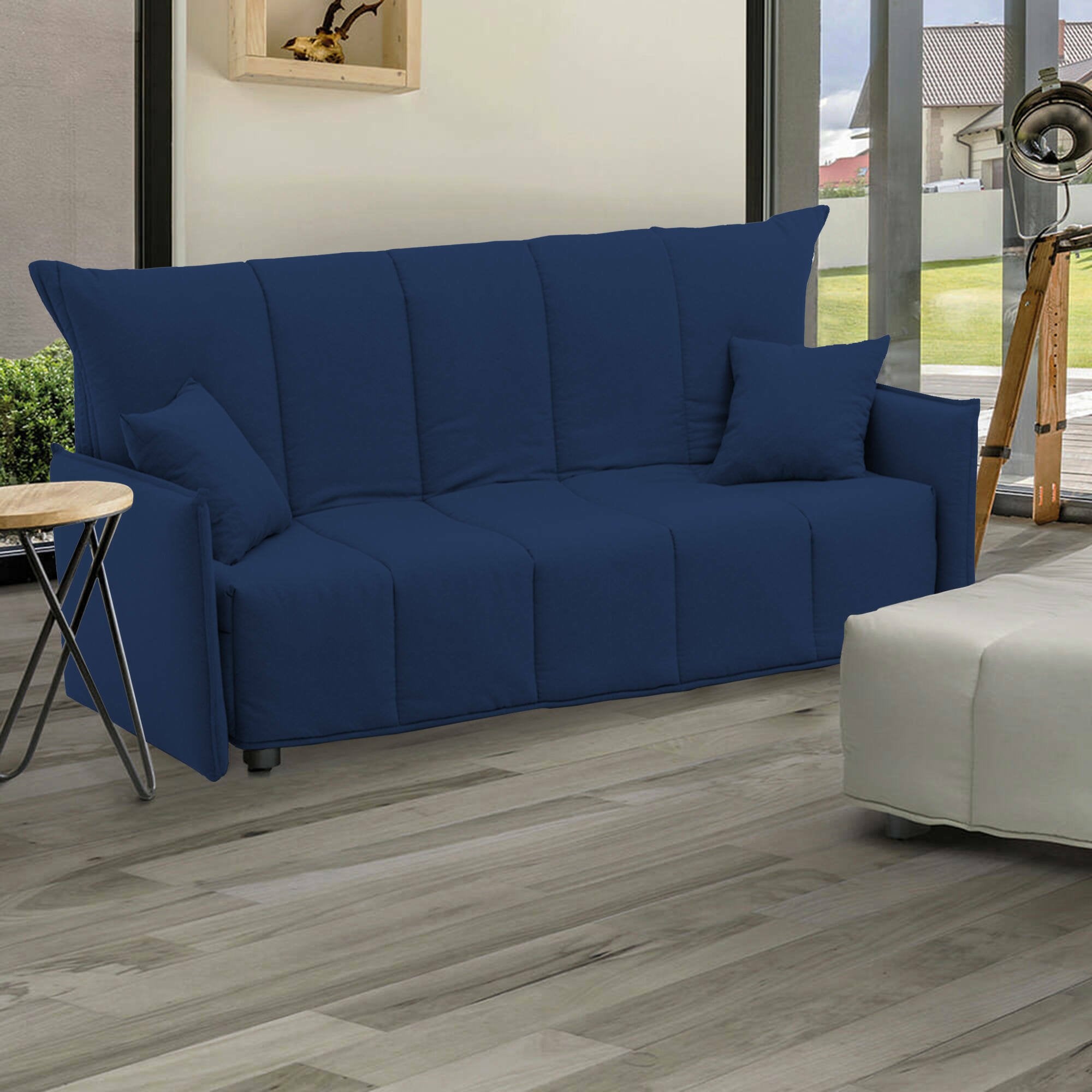 Divano Letto Alaric, Divano a 2 posti, Made in Italy, SofÒ  Soggiorno con apertura a carrello con apertura a carrello, in tessuto imbottito, con Braccioli standard, cm 150x90h85, colore Blu