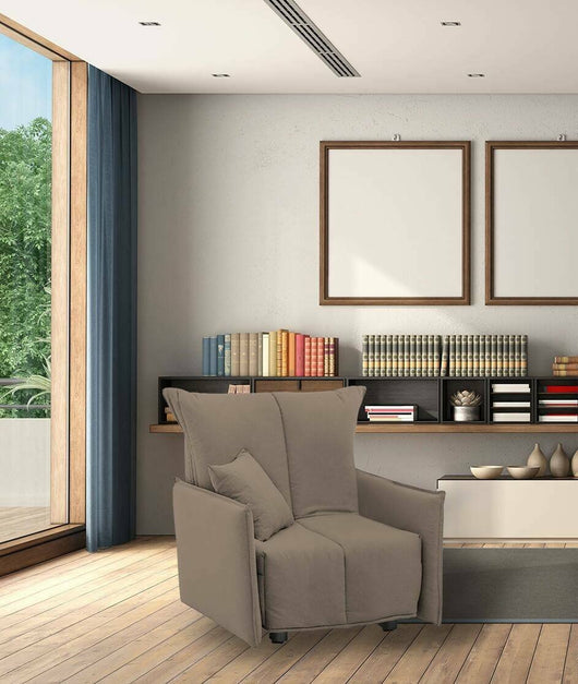 Divano Letto Atlantis, Divano singolo, Made in Italy, Poltrona soggiorno con apertura a carrello, in tessuto imbottito, con Braccioli standard, cm 110x90h85, colore Tortora