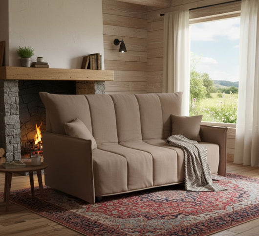 Divano Letto Alaric, Divano a 2 posti, Made in Italy, SofÒ  Soggiorno con apertura a carrello con apertura a carrello, in tessuto imbottito, con Braccioli standard, cm 150x90h85, colore Tortora