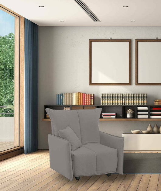 Divano Letto Atlantis, Divano singolo, Made in Italy, Poltrona soggiorno con apertura a carrello, in tessuto imbottito, con Braccioli standard, cm 110x90h85, colore Grigio