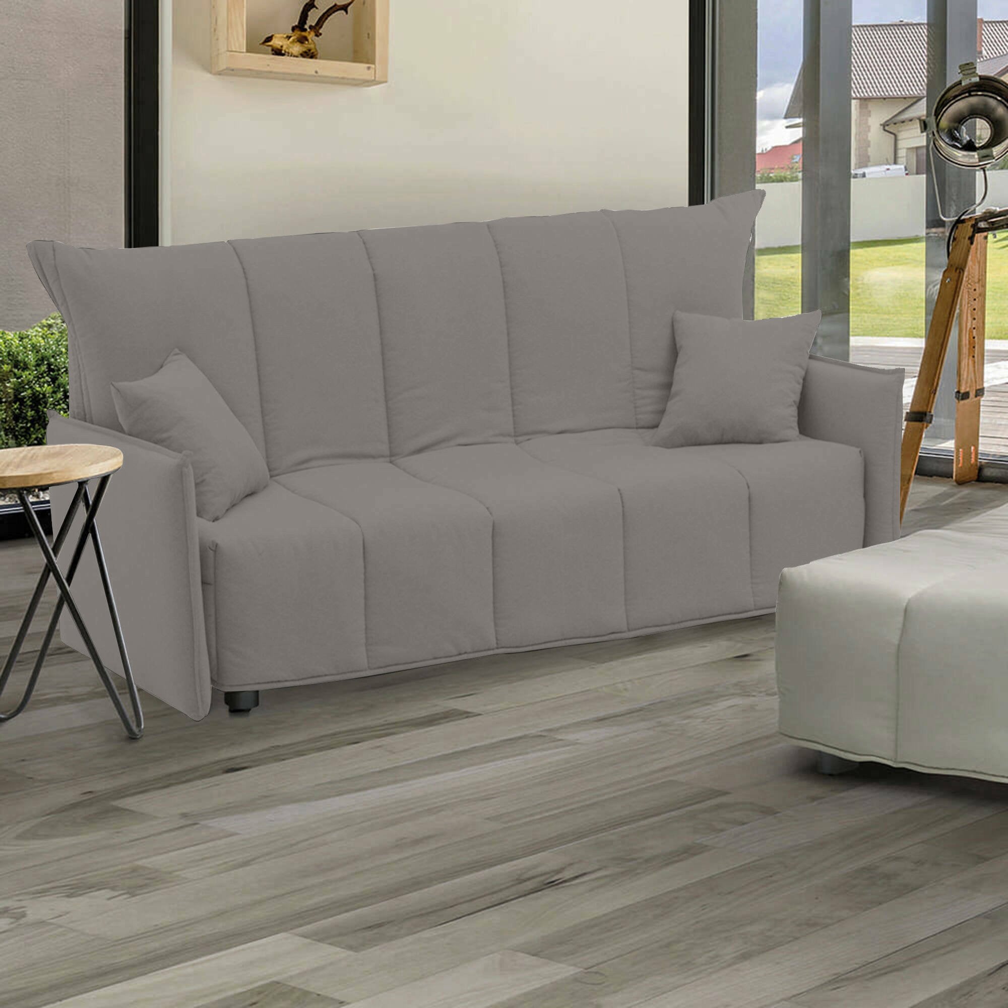 Divano Letto Alaric, Divano a 2 posti, Made in Italy, SofÒ  Soggiorno con apertura a carrello con apertura a carrello, in tessuto imbottito, con Braccioli standard, cm 150x90h85, colore Grigio