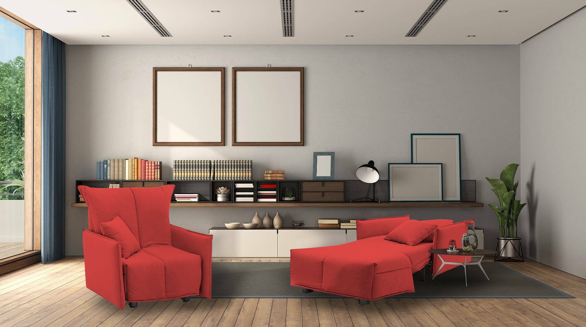 Divano Letto Atlantis, Divano singolo, Made in Italy, Poltrona soggiorno con apertura a carrello, in tessuto imbottito, con Braccioli standard, cm 110x90h85, colore Rosso