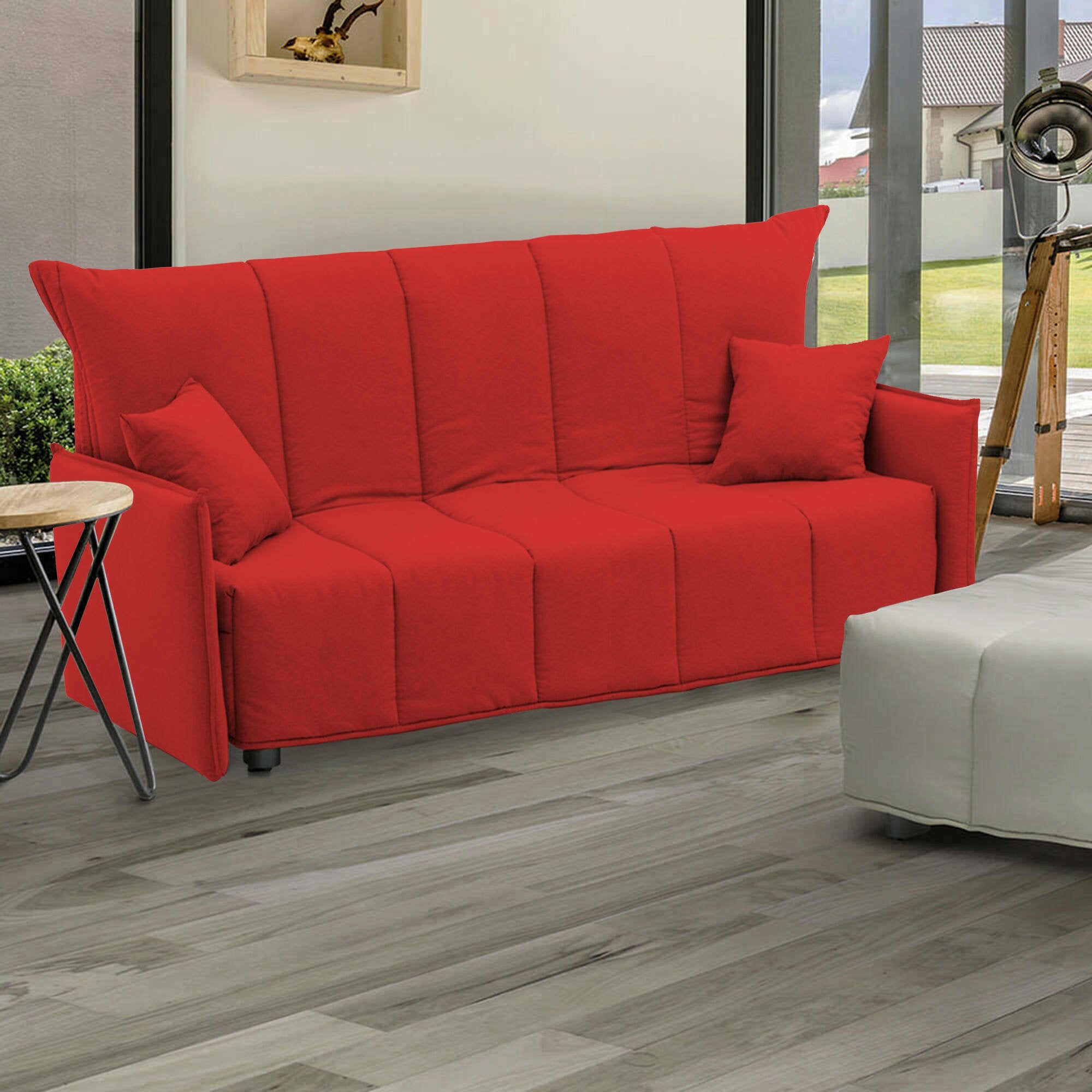 Divano Letto Ardis, Divano a 3 posti, Made in Italy, SofÒ  Soggiorno con apertura a carrello con apertura a carrello, in tessuto imbottito, con Braccioli standard, cm 190x90h85, colore Rosso
