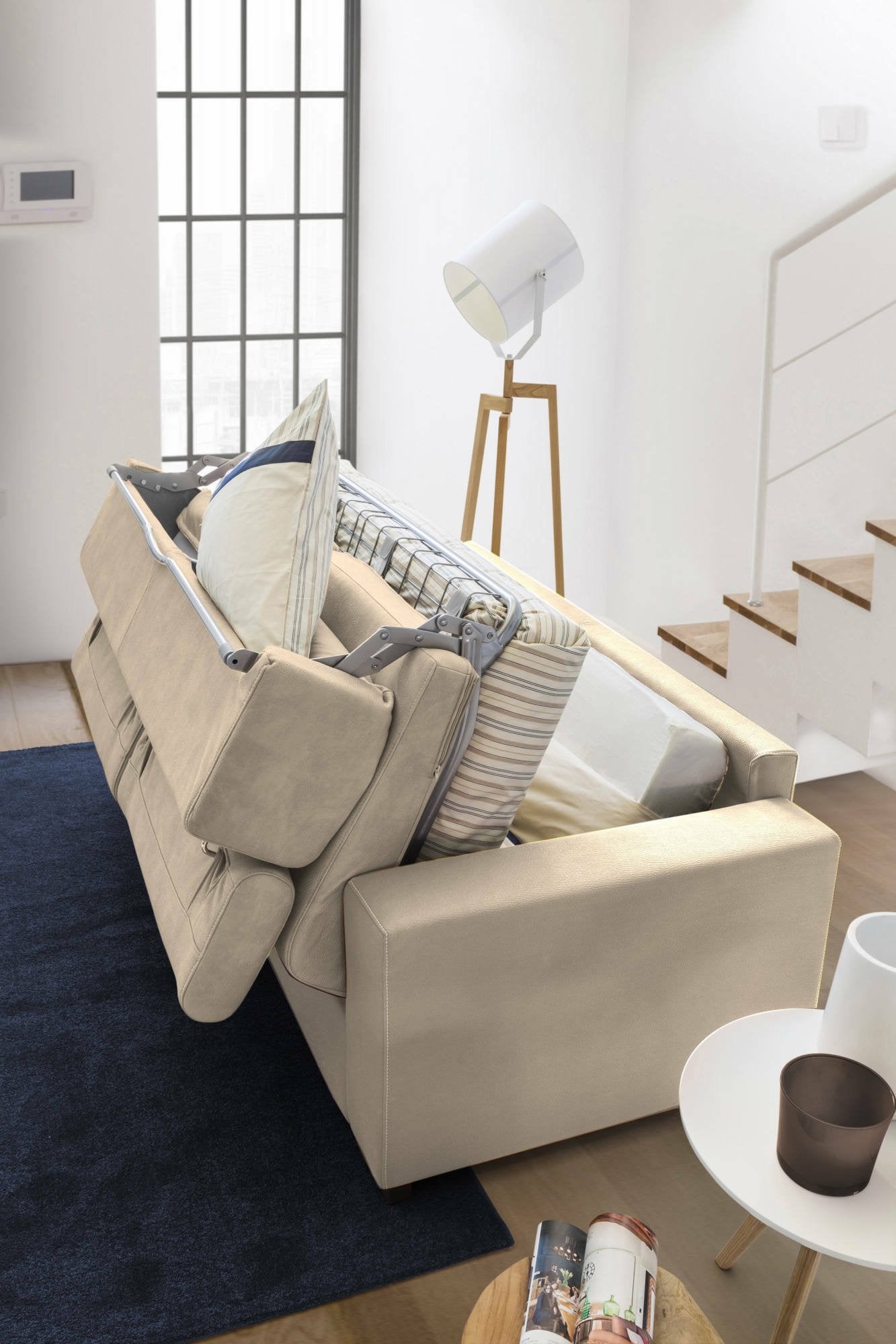 Divano Letto Alinia, Divano a 2 posti, Made in Italy, SofÒ  Soggiorno con apertura girevole, con poggiatesta regolabili e Braccioli slim, cm 160x95h85, Beige