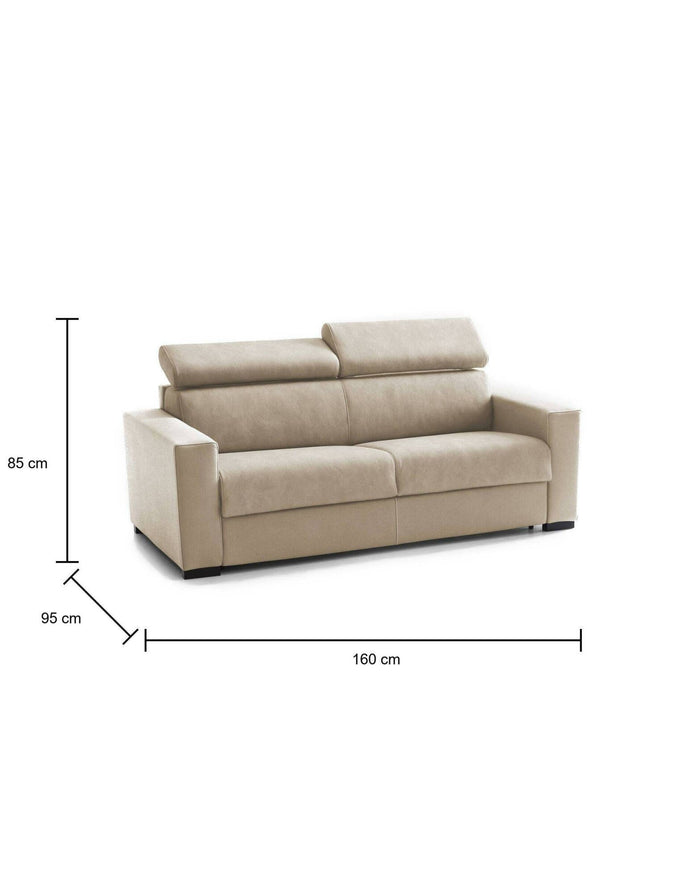 Divano Letto Alinia, Divano a 2 posti, Made in Italy, SofÒ  Soggiorno con apertura girevole, con poggiatesta regolabili e Braccioli slim, cm 160x95h85, Beige