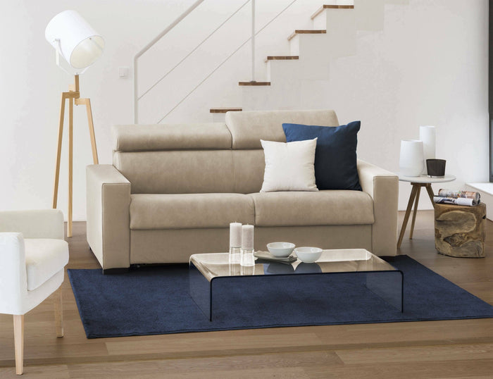 Divano Letto Alinia, Divano a 2 posti, Made in Italy, SofÒ  Soggiorno con apertura girevole, con poggiatesta regolabili e Braccioli slim, cm 160x95h85, Beige