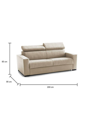 Divano Letto Algo, Divano a 3 posti, Made in Italy, SofÒ  Soggiorno con apertura girevole, con poggiatesta regolabili e Braccioli slim, cm 200x95h85, Beige