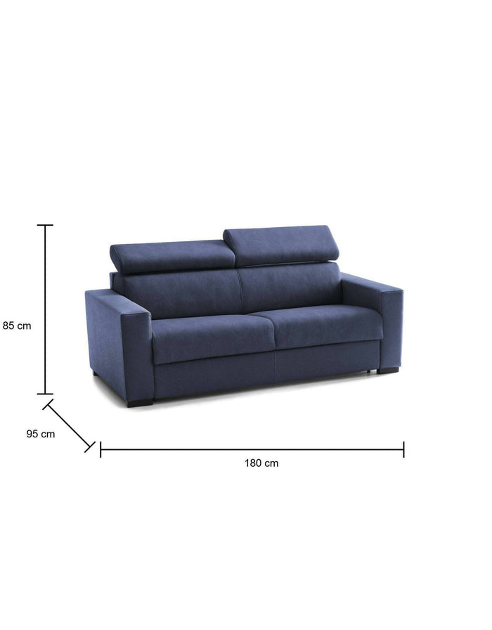 Divano Letto Aieie, Divano a 2 posti Large, Made in Italy, SofÒ  Soggiorno con apertura girevole, con poggiatesta regolabili e Braccioli slim, cm 180x95h85, Blu