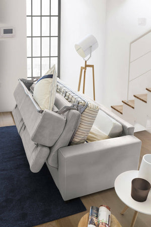 Divano Letto Alinia, Divano a 2 posti, Made in Italy, SofÒ  Soggiorno con apertura girevole, con poggiatesta regolabili e Braccioli slim, cm 160x95h85, Grigio