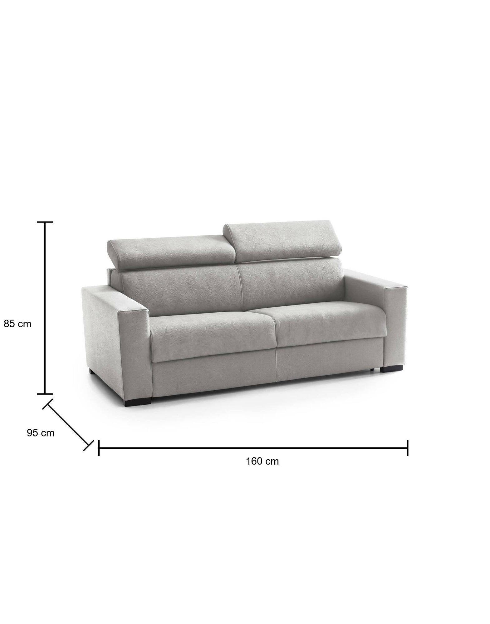 Divano Letto Alinia, Divano a 2 posti, Made in Italy, SofÒ  Soggiorno con apertura girevole, con poggiatesta regolabili e Braccioli slim, cm 160x95h85, Grigio