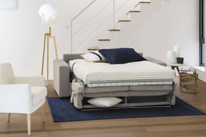 Divano Letto Alinia, Divano a 2 posti, Made in Italy, SofÒ  Soggiorno con apertura girevole, con poggiatesta regolabili e Braccioli slim, cm 160x95h85, Tortora