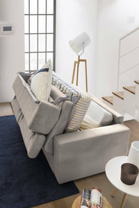 Divano Letto Aieie, Divano a 2 posti Large, Made in Italy, SofÒ  Soggiorno con apertura girevole, con poggiatesta regolabili e Braccioli slim, cm 180x95h85, Tortora