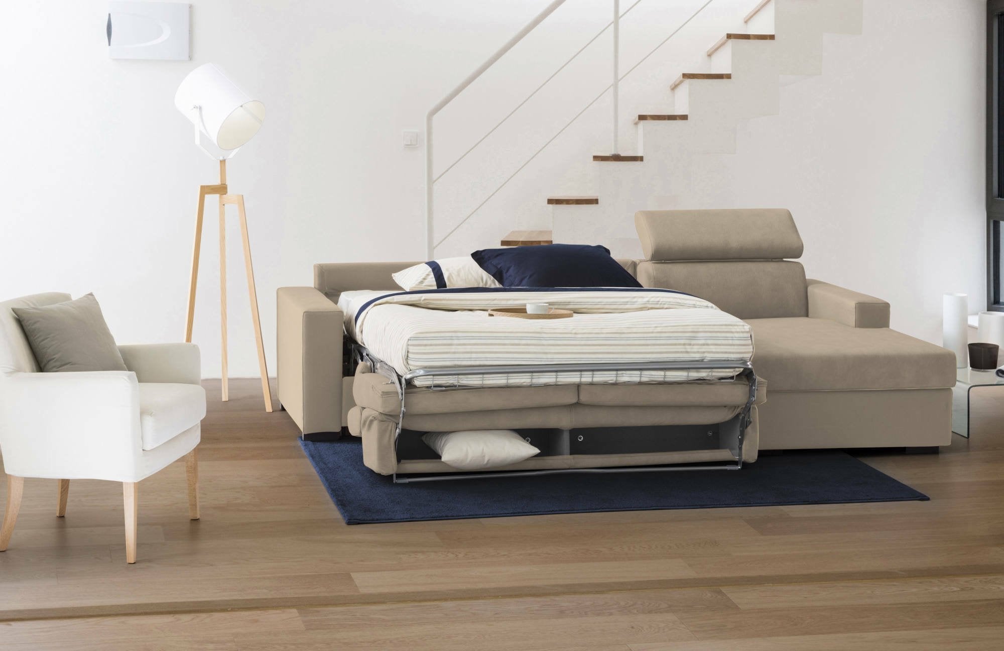 Alibella, Divano Letto con Penisola Sfoderabile Made in Italy, 260x95 cm Beige