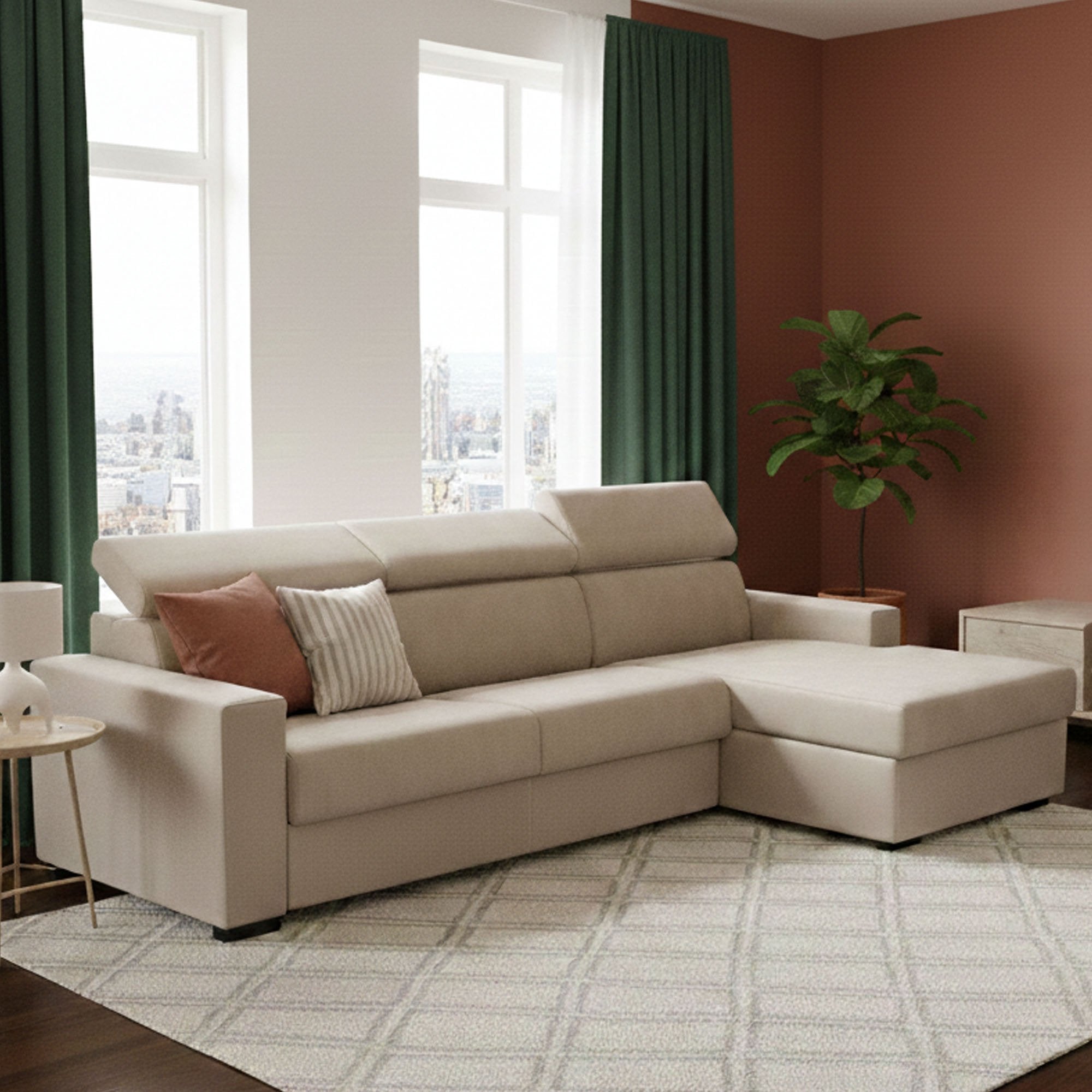 Alibella, Divano Letto con Penisola Sfoderabile Made in Italy, 260x95 cm Beige