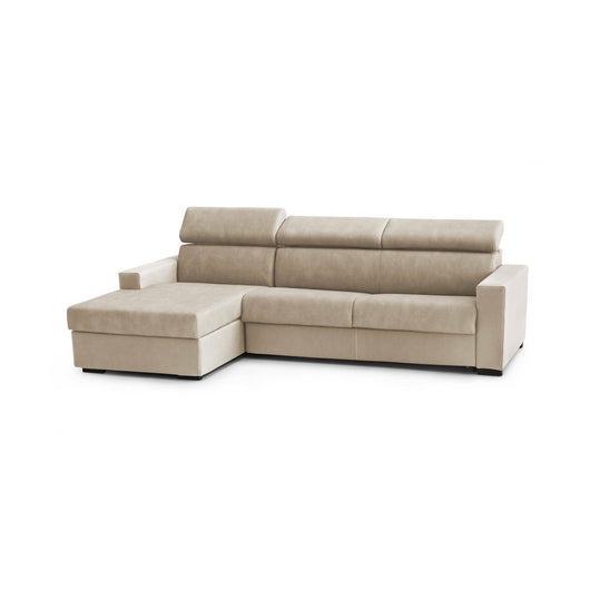 Divano Letto Aloet, Divano ad angolo, Made in Italy, SofÒ  con apertura girevole, con Penisola contenitore Sinistra, con Braccioli slim, cm 260x95h85, Beige