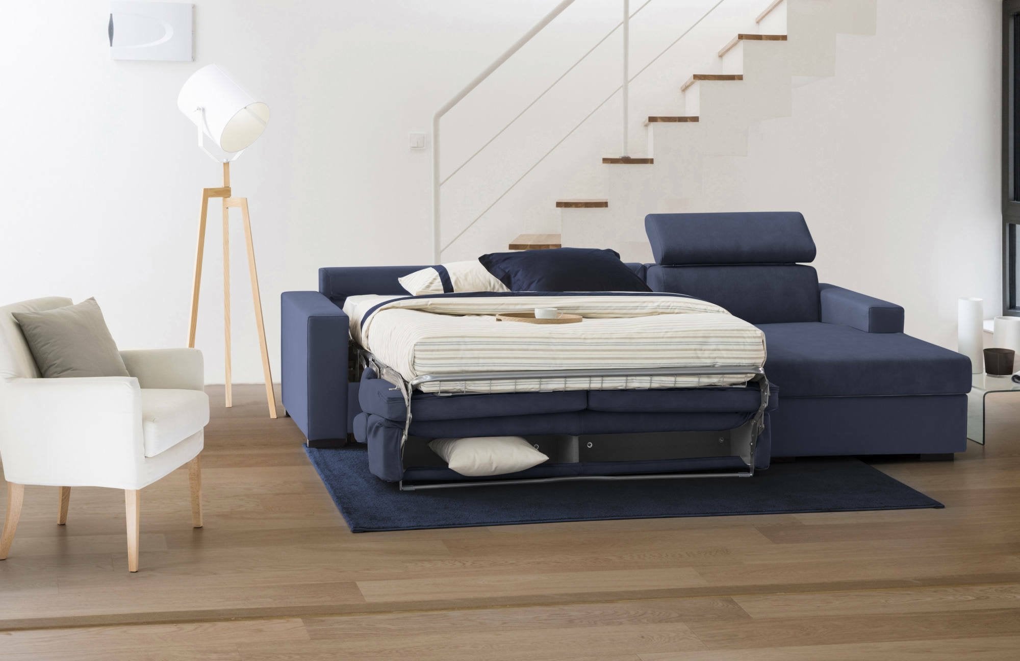 Alibella, Divano Letto con Penisola Sfoderabile Made in Italy, 260x95 cm blu