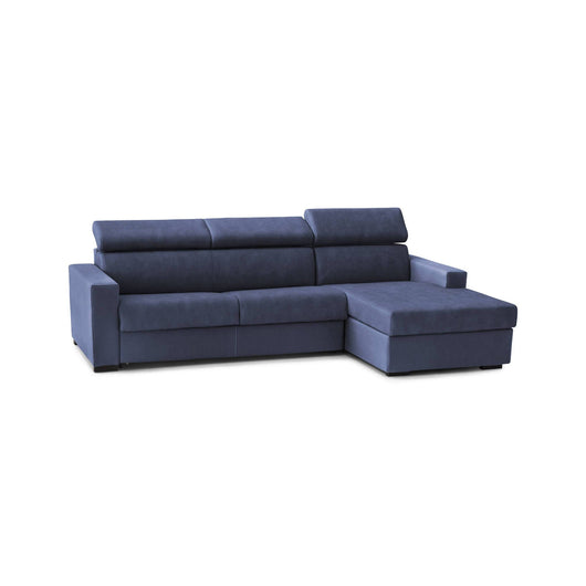 Divano Letto Alibella, Divano ad angolo, Made in Italy, SofÒ  con apertura girevole, con Penisola contenitore Destra, con Braccioli slim, cm 260x95h85, Blu