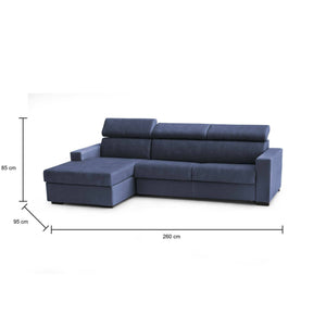 Divano Letto Aloet, Divano ad angolo, Made in Italy, SofÒ  con apertura girevole, con Penisola contenitore Sinistra, con Braccioli slim, cm 260x95h85, Blu