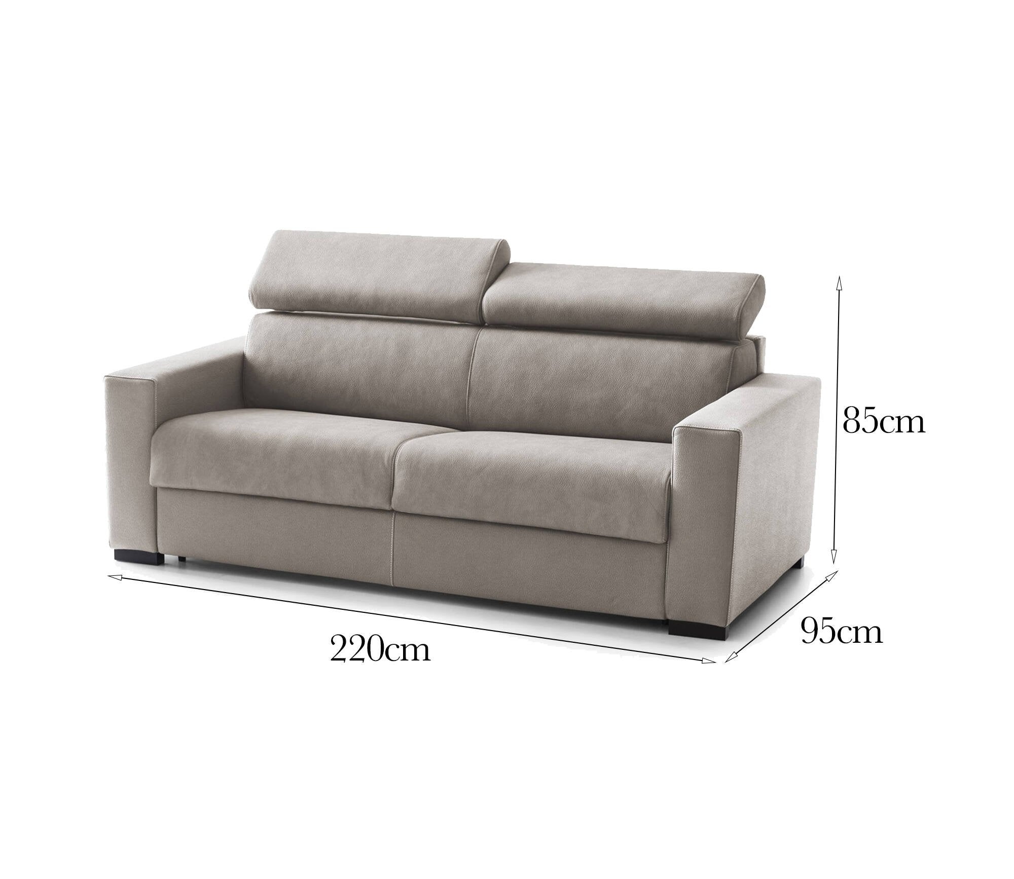 Divano fisso Vigolana, Divano a 3 posti, Made in Italy, SofÒ  Soggiorno, in tessuto imbottito, con poggiatesta regolabili e Braccioli slim, cm 220x95h85, Tortora