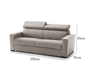 Divano fisso Vigolana, Divano a 3 posti, Made in Italy, SofÒ  Soggiorno, in tessuto imbottito, con poggiatesta regolabili e Braccioli slim, cm 220x95h85, Tortora