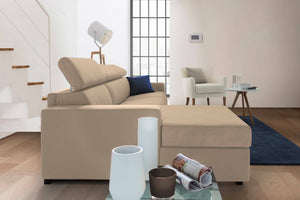 Divano fisso Akela, Divano ad angolo, Made in Italy, SofÒ  Soggiorno con chaise longue, in tessuto imbottito - Penisola contenitore Sinistra, con Braccioli standard, cm 280x95h85