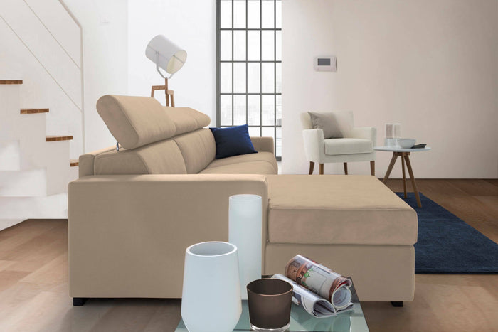 Divano fisso Akela, Divano ad angolo, Made in Italy, SofÒ  Soggiorno con chaise longue, in tessuto imbottito - Penisola contenitore Sinistra, con Braccioli standard, cm 280x95h85