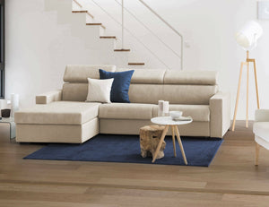 Divano fisso Akela, Divano ad angolo, Made in Italy, SofÒ  Soggiorno con chaise longue, in tessuto imbottito - Penisola contenitore Sinistra, con Braccioli standard, cm 280x95h85