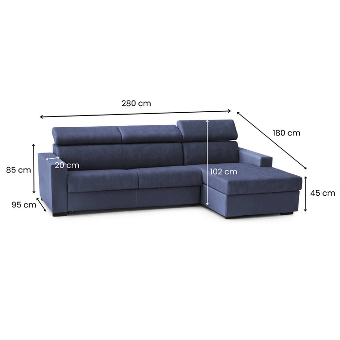 Divano fisso Ameno, Divano ad angolo, Made in Italy, SofÒ  Soggiorno con chaise longue, in tessuto imbottito - Penisola contenitore Destra, con Braccioli standard, cm 280x95h85, Blu
