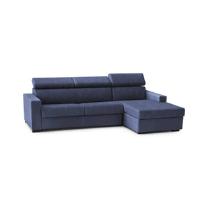 Divano fisso Ameno, Divano ad angolo, Made in Italy, SofÒ  Soggiorno con chaise longue, in tessuto imbottito - Penisola contenitore Destra, con Braccioli standard, cm 280x95h85, Blu