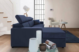 Divano fisso Akela, Divano ad angolo, Made in Italy, SofÒ  Soggiorno con chaise longue, in tessuto imbottito - Penisola contenitore Sinistra, con Braccioli standard, cm 280x95h85, Blu