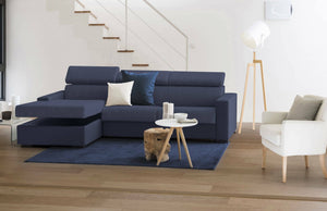 Divano fisso Akela, Divano ad angolo, Made in Italy, SofÒ  Soggiorno con chaise longue, in tessuto imbottito - Penisola contenitore Sinistra, con Braccioli standard, cm 280x95h85, Blu