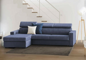 Divano fisso Akela, Divano ad angolo, Made in Italy, SofÒ  Soggiorno con chaise longue, in tessuto imbottito - Penisola contenitore Sinistra, con Braccioli standard, cm 280x95h85, Blu