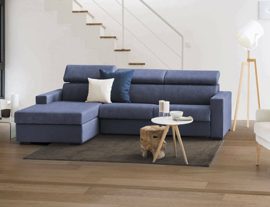 Divano fisso Akela, Divano ad angolo, Made in Italy, SofÒ  Soggiorno con chaise longue, in tessuto imbottito - Penisola contenitore Sinistra, con Braccioli standard, cm 280x95h85, Blu